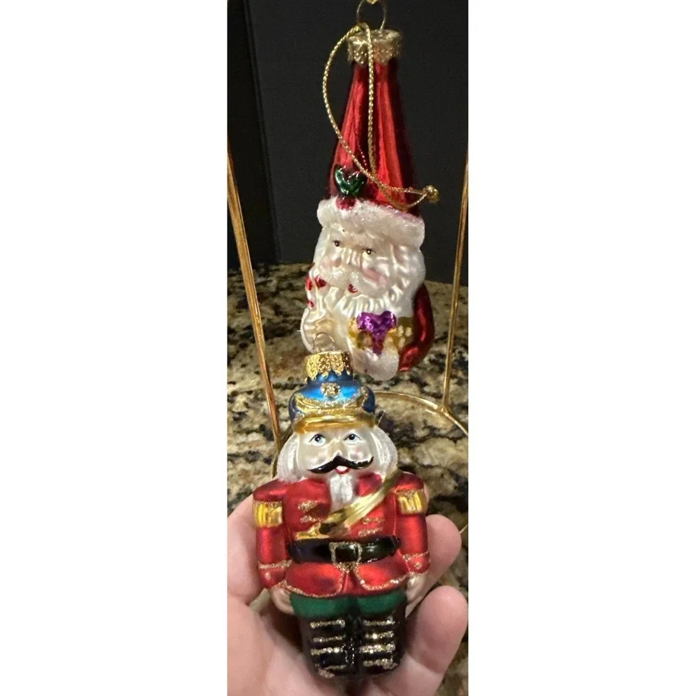 Santa Claus Soldier Glass Christmas Holiday Tree Ornaments Set‎ Of 2 Vintage